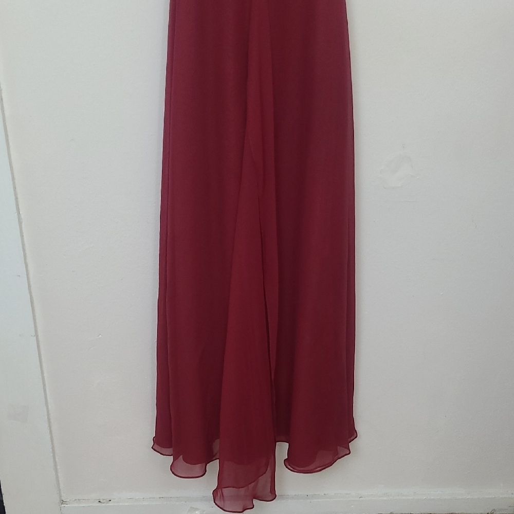 Formal Maxi Dress Burgundy Spaghetti Strap Sweetheart Train Sheer Chiffon Whimsi - Picture 11 of 14